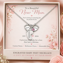 New Mum Gift Necklace – Baby Feet with Birthstone | Personalised Baby Name Jewellery | Gift From Baby