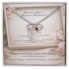 Custom Engraved Baby Feet Necklace with Birthstone - Personalised Gift for Mum