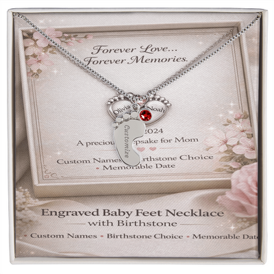 Custom Engraved Baby Feet Necklace with Birthstone - Personalised Gift for Mum