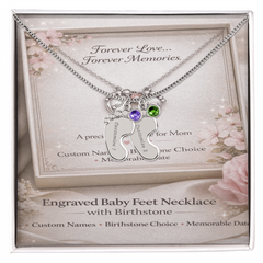 Custom Engraved Baby Feet Necklace with Birthstone - Personalised Gift for Mum