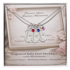 Custom Engraved Baby Feet Necklace with Birthstone - Personalised Gift for Mum