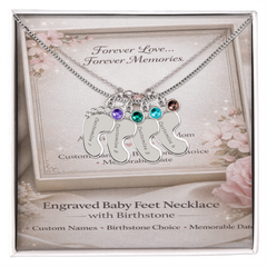 Custom Engraved Baby Feet Necklace with Birthstone - Personalised Gift for Mum