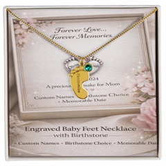 Custom Engraved Baby Feet Necklace with Birthstone - Personalised Gift for Mum