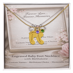 Custom Engraved Baby Feet Necklace with Birthstone - Personalised Gift for Mum