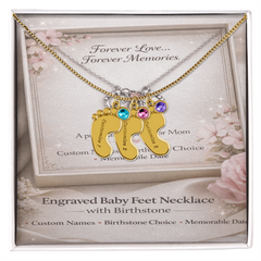 Custom Engraved Baby Feet Necklace with Birthstone - Personalised Gift for Mum