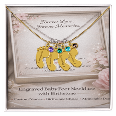 Custom Engraved Baby Feet Necklace with Birthstone - Personalised Gift for Mum