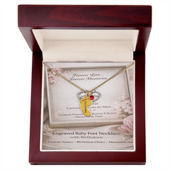 Custom Engraved Baby Feet Necklace with Birthstone - Personalised Gift for Mum