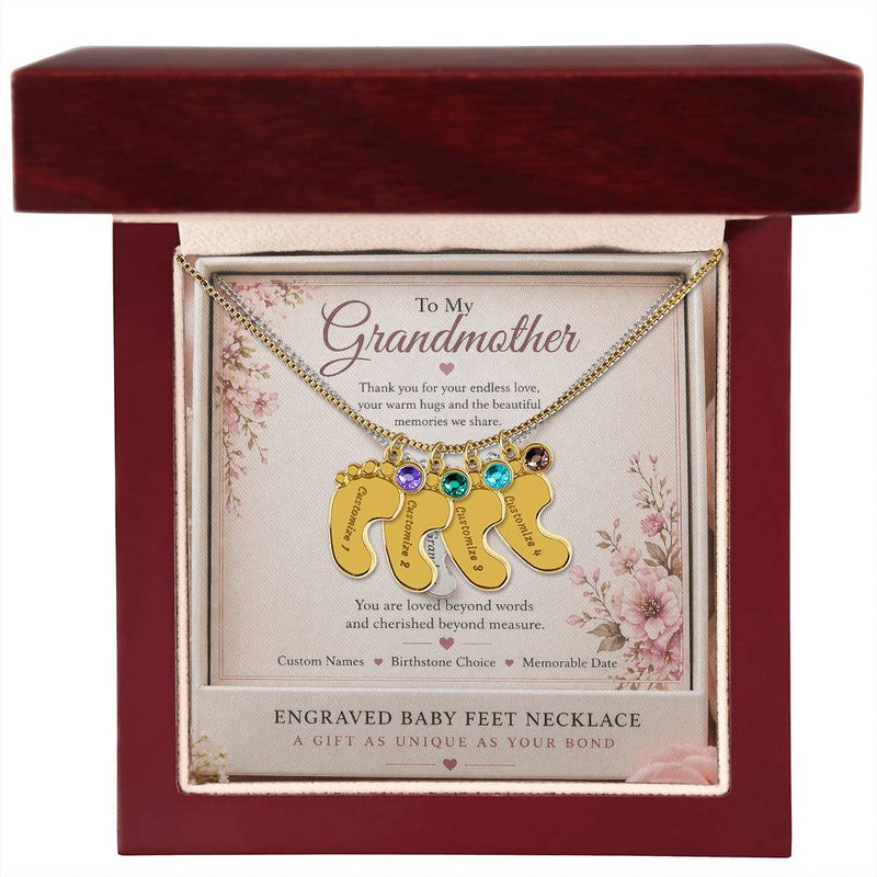 To My Grandmother Baby Feet Necklace with Birthstone – Personalised Gift for Grandma